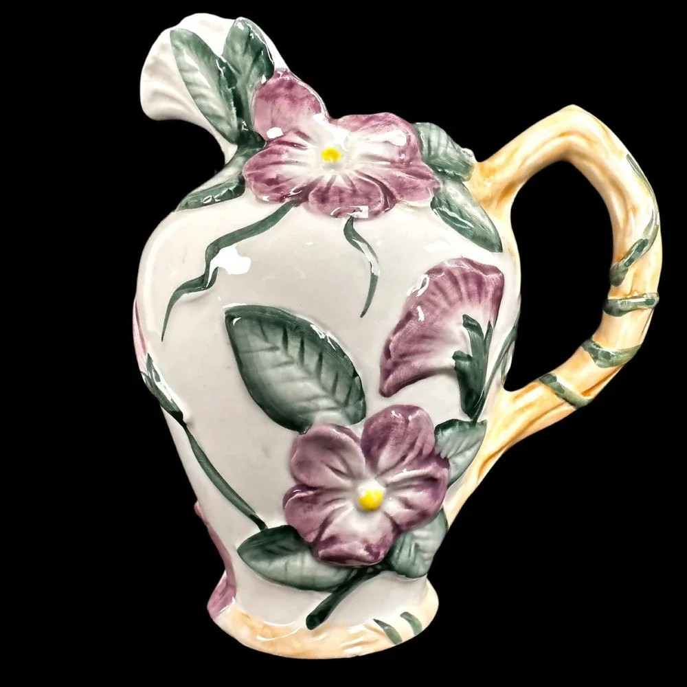 Vintage 1991 Fitz & Floyd Purple Violets Handpainted Flowers Creamer & Sugar Set
